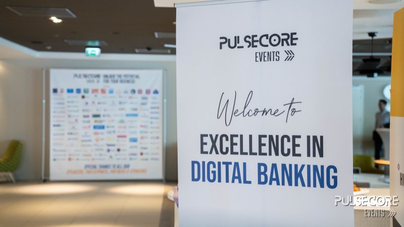 The Welcome to Excellence in Digital Banking banner at the venue at a previous PulseCore event